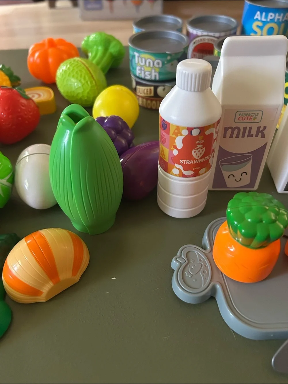 Pretend Play Plastic Food: Fruits Veggies Cans Milk & Cutting Board Kitchen Toys